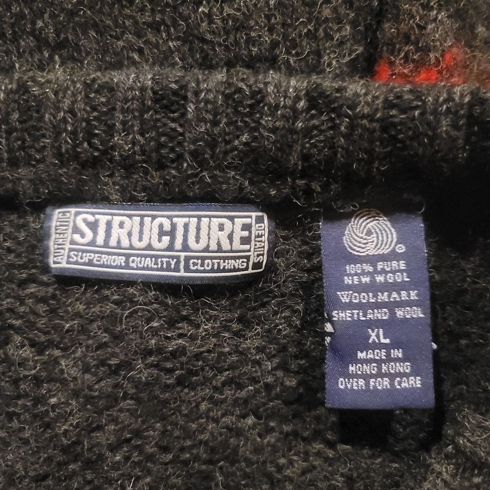 Vintage Structure Men's V-Neck Sweater - Black and Red Size XL 24x30 100% Wool - Picture 3 of 3